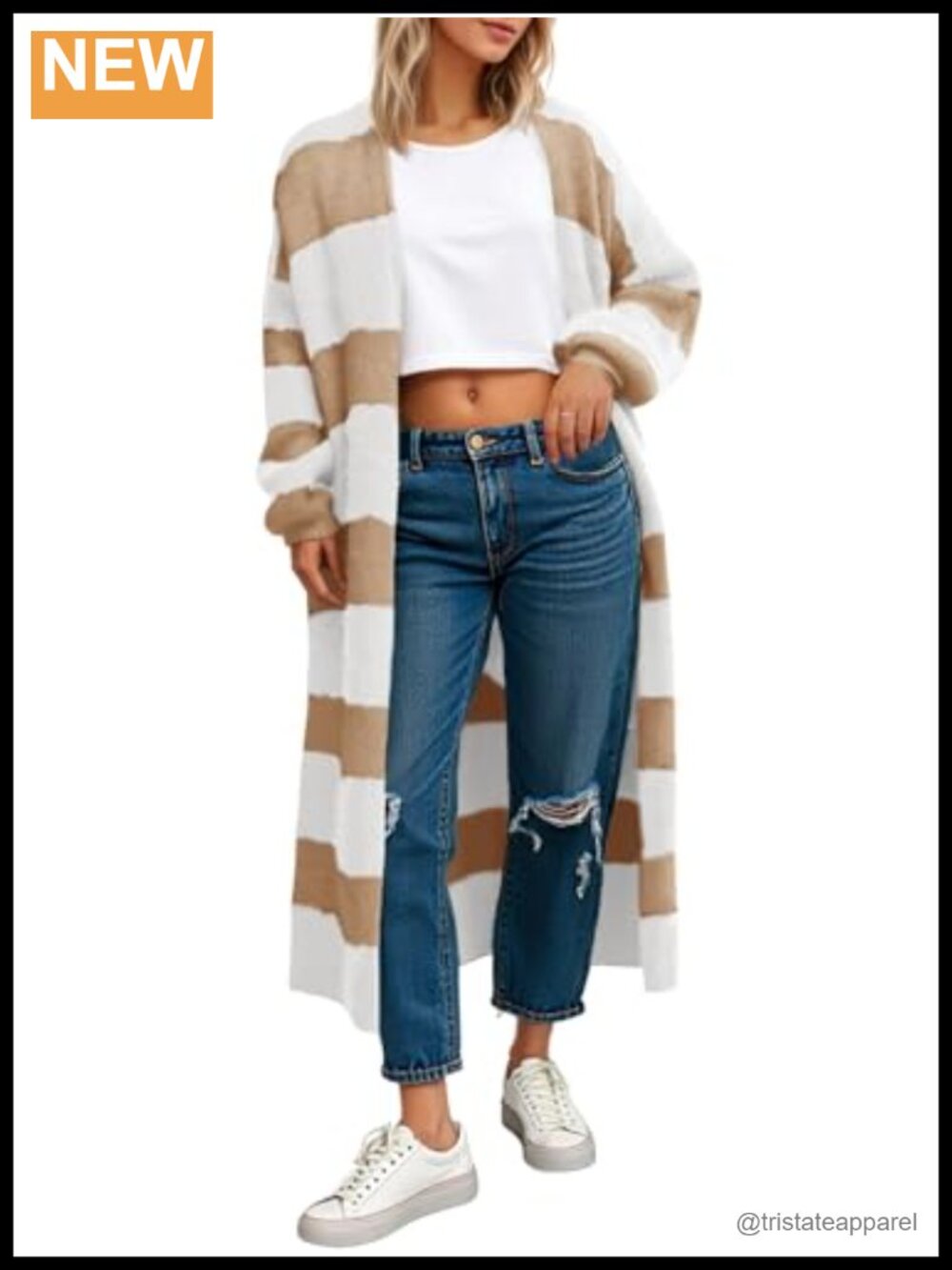 Women's Striped Long Cardigan Sweater Open Front Oversized Chunky Fuzzy Knit
